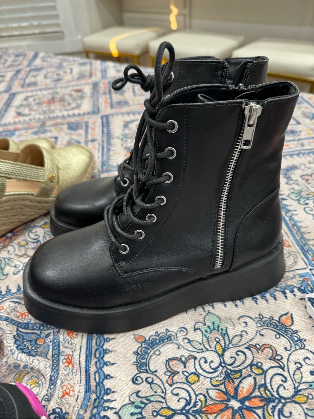 Steve Madden Black Lace-Up Platform Combat Boots with Side Zip